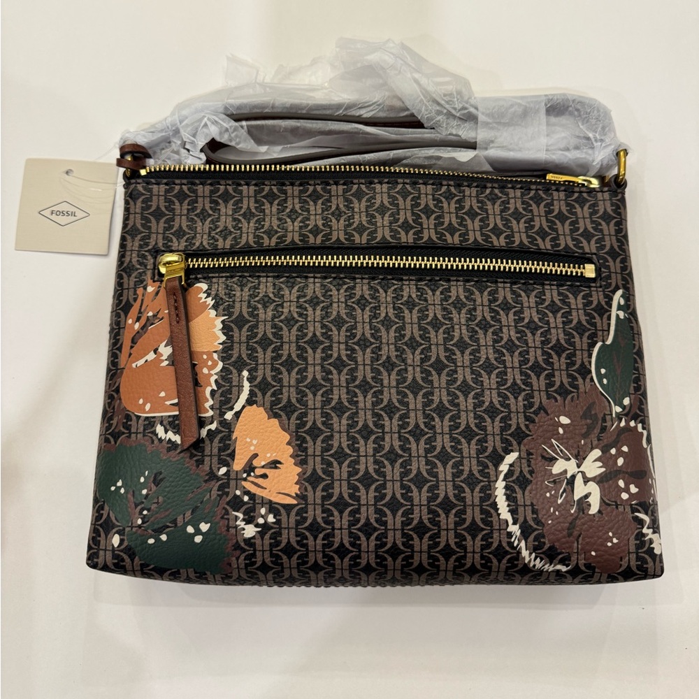 New!  FOSSIL Women's Black and Brown Floral Crossbody Bag